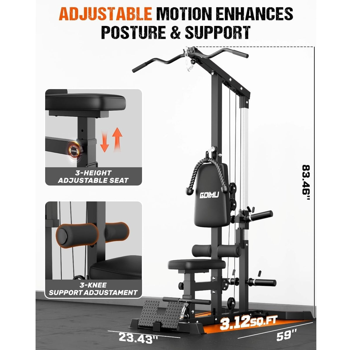 MITONOS 3 in 1 LAT Pulldown Machine,LAT Row Cable Machine with AB Crunch and Cable Row Attachments for Home Gym,High or Low Pulley Stations (Black)