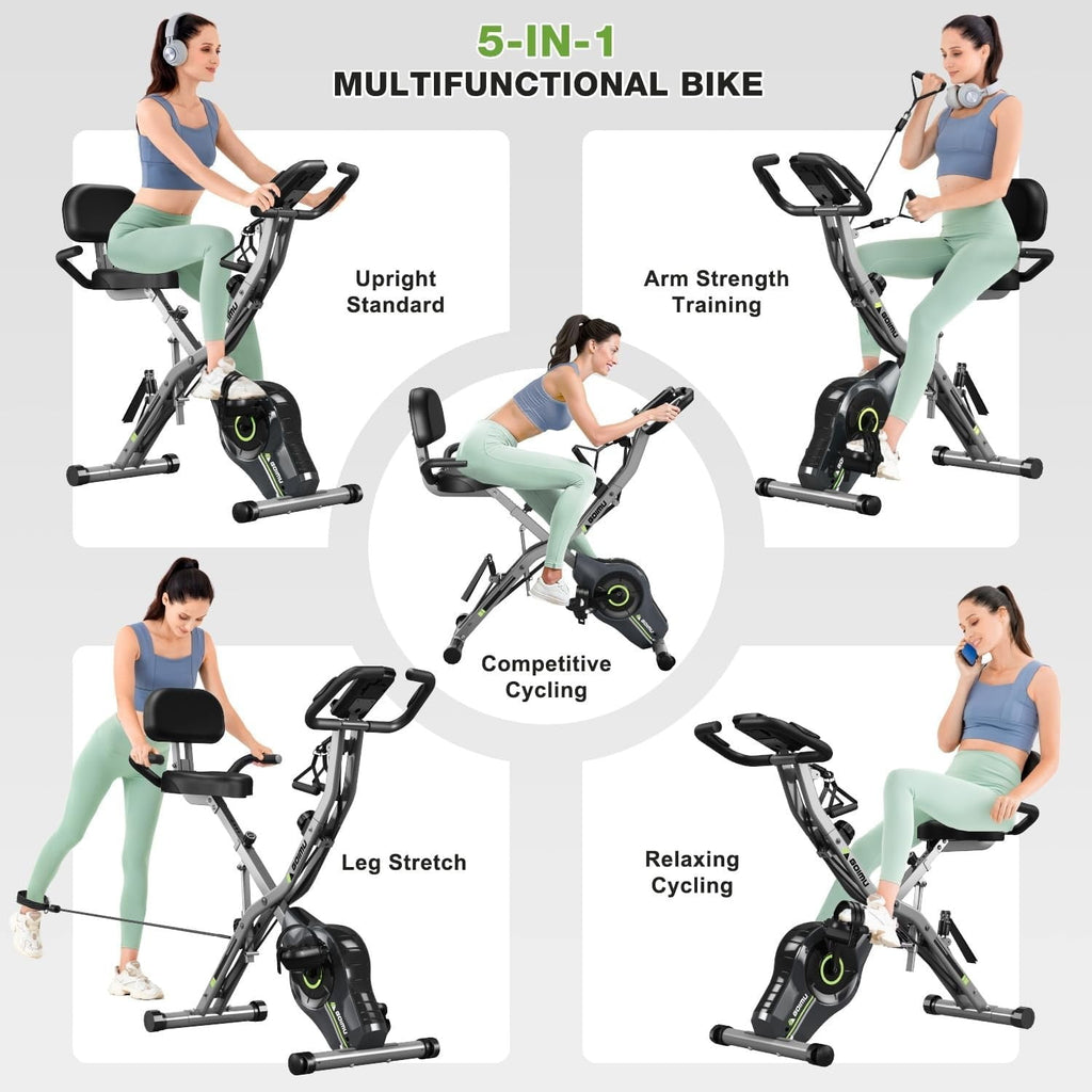 5-in-1 Exercise Bike Quiet Folding Magnetic Upright Bikes with Arm Resistance Bands Home Workout Use,16 Levels of Resistance