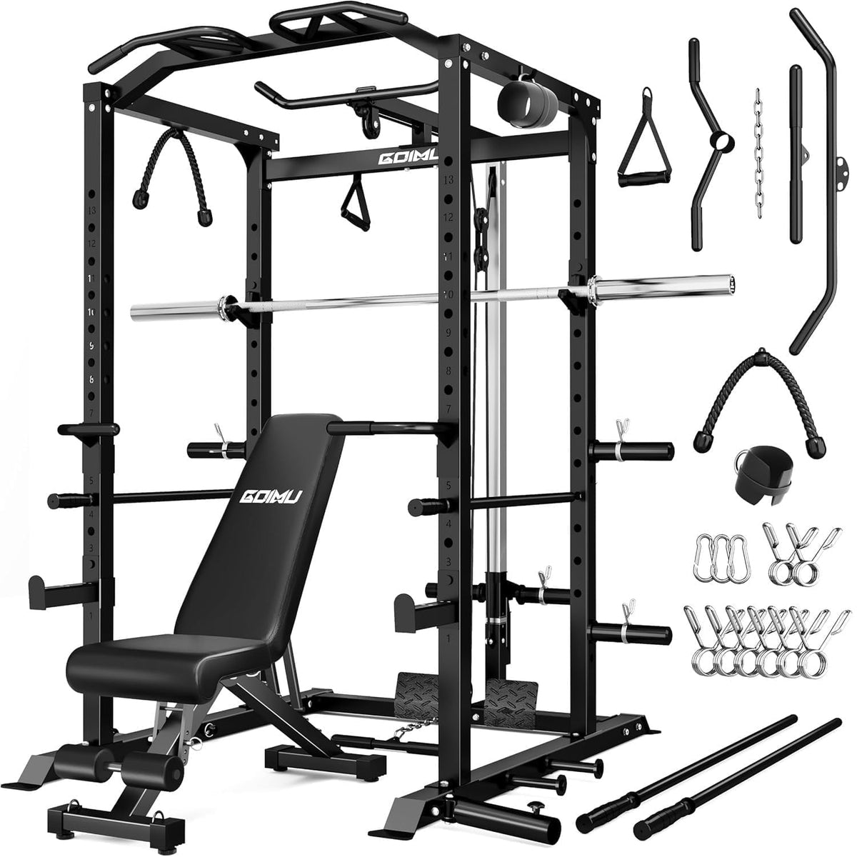 Power Cage, 2000LBS Squat Rack with LAT Pulldown, Multi-Function Weight Cage Strength Training Machine, Workout Cage with More Attachments for Home Gym Garage