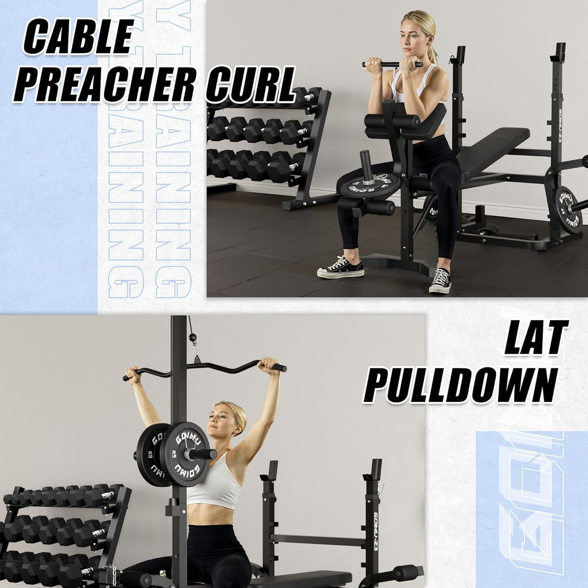900LBS Olympic Weight Bench Set,9 in 1 Multifunction Strength Training Bench with Leg Extension, Preacher Curl Pad and LAT Pulldown for Home Gym (Black and 120lbs Plates)