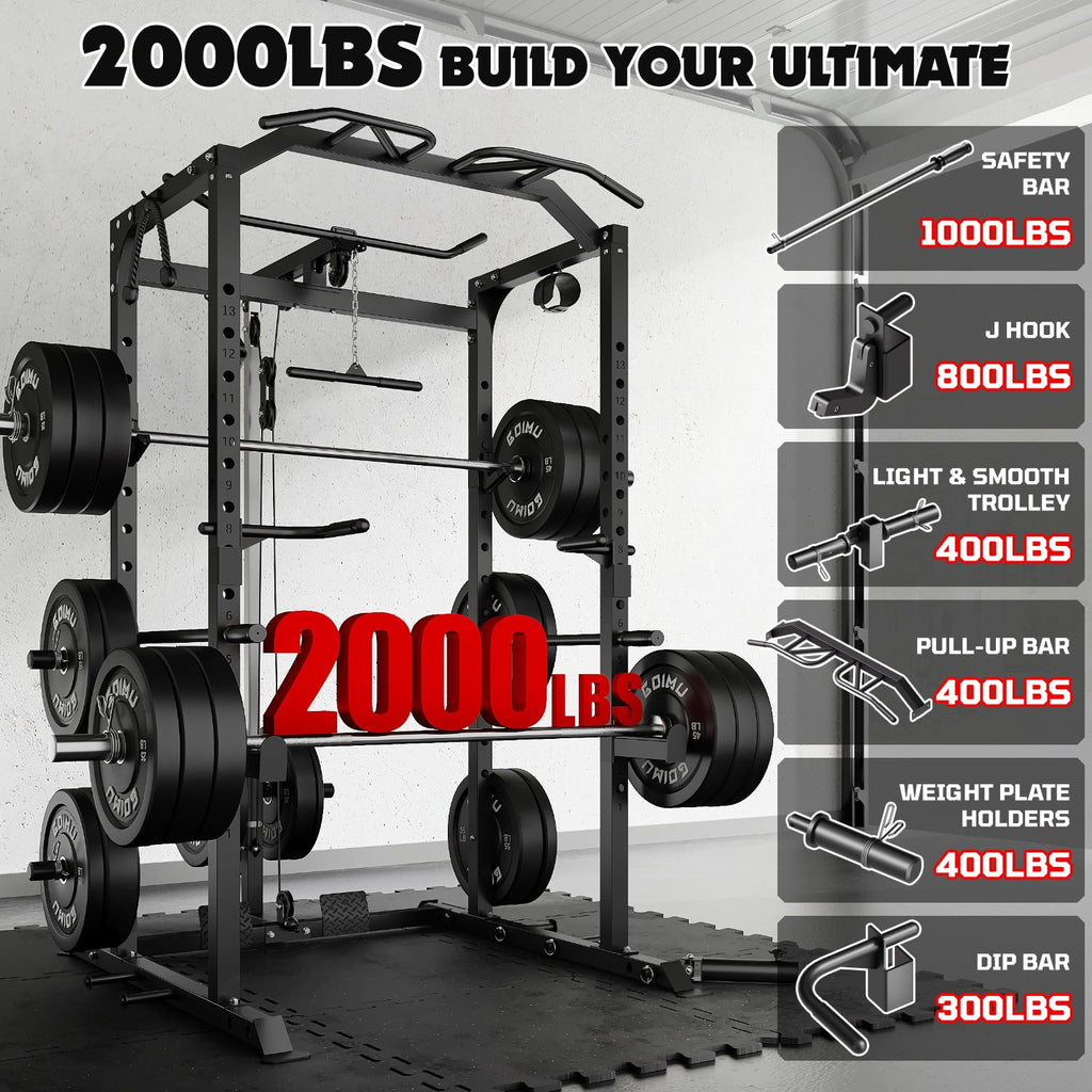 MITONOS C1-V4 Power Cage, 2000LBS Squat Rack with LAT Pulldown, Multi-Function Weight Cage Strength Training Machine, Workout Cage with More Attachments for Home Gym Garage , BK