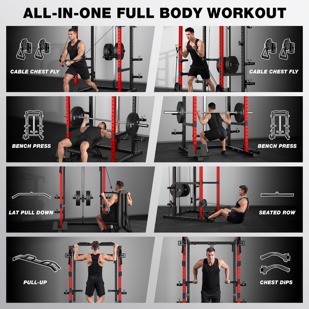 MITONOS Power Cage, 2000LB Squat Rack with Cable Crossover System, Home Gym Workout Machine with More Training Attachments