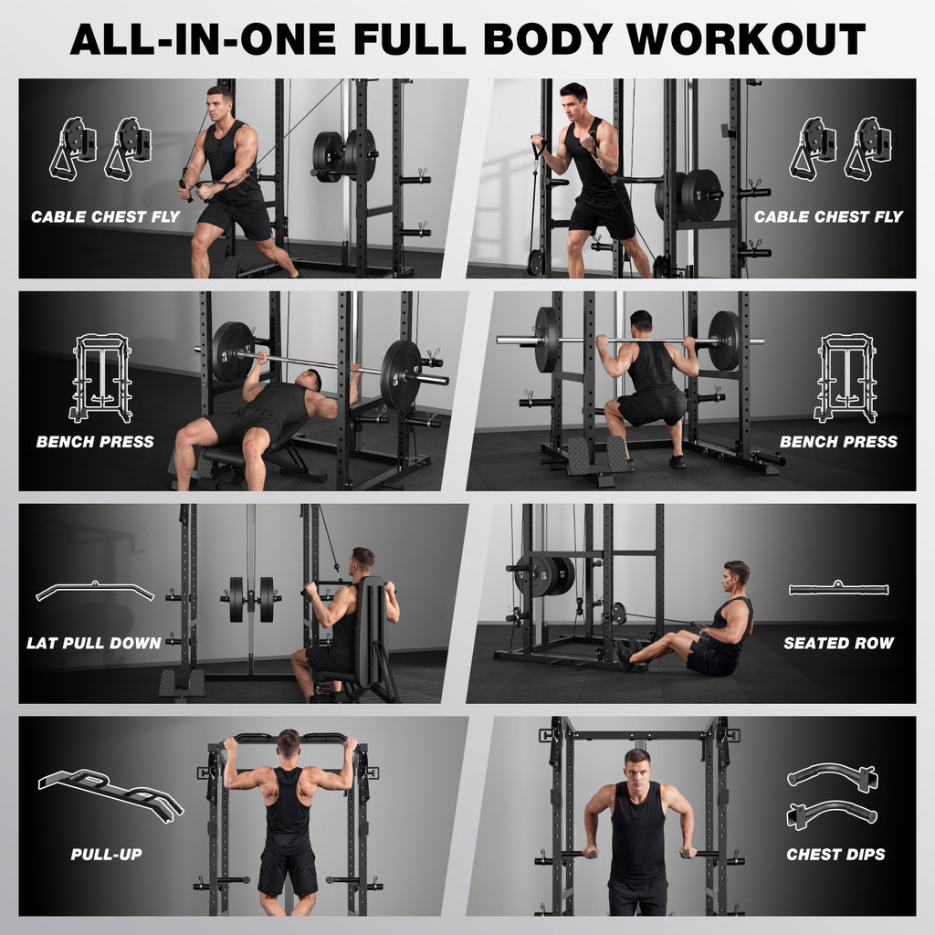MITONOS Power Cage, 2000LB Squat Rack with Cable Crossover System, Multi-Function Weight Cage, Home Gym Workout Machine with More Training Attachments, BK