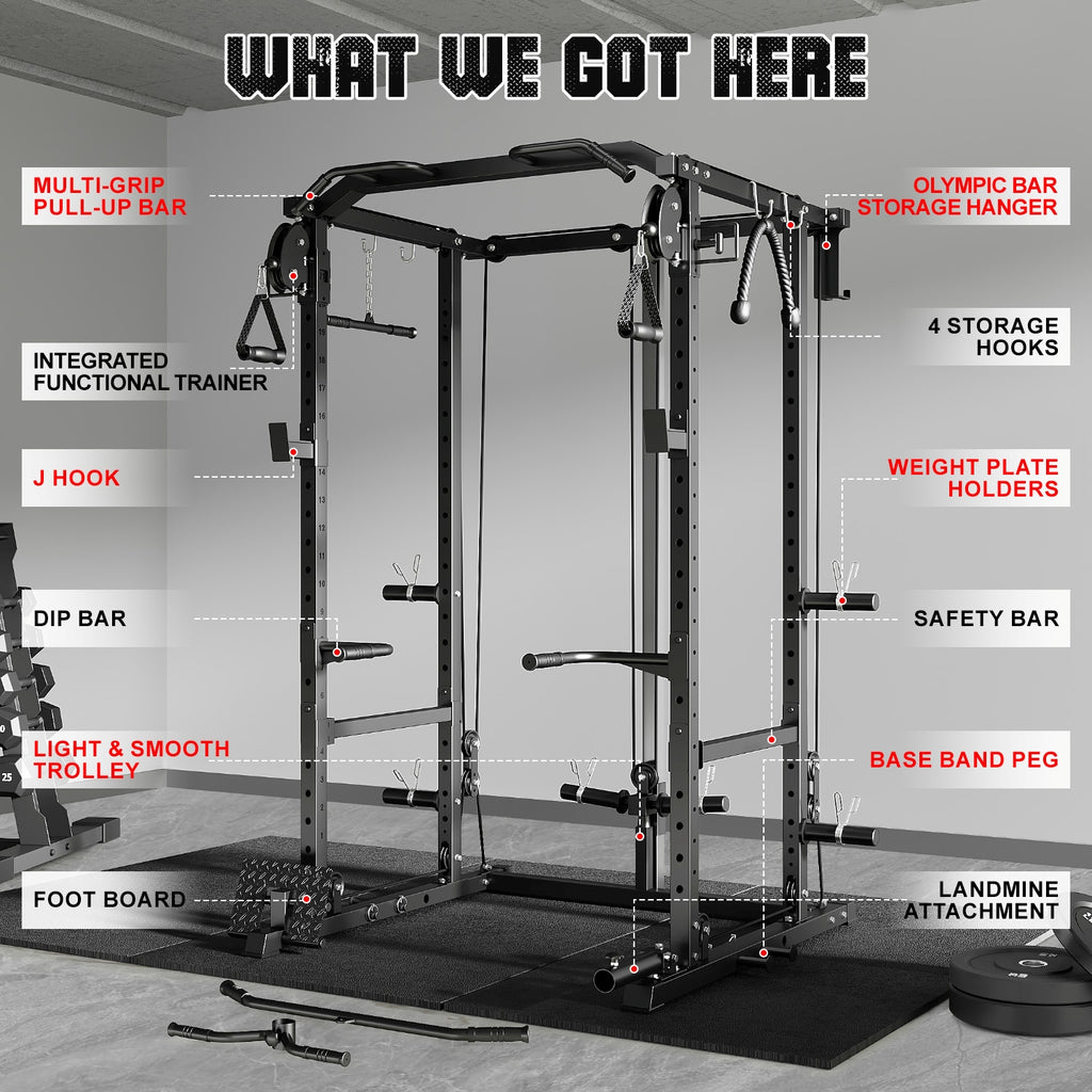 MITONOS Power Cage, 2000LB Squat Rack with Cable Crossover System, Multi-Function Weight Cage, Home Gym Workout Machine with More Training Attachments, BK