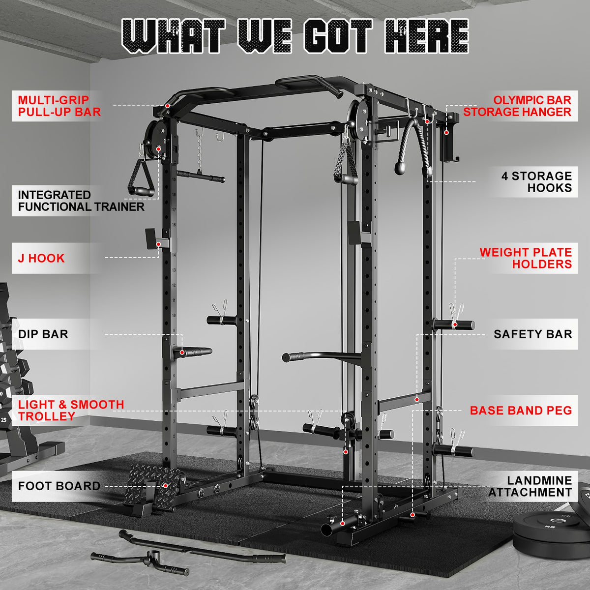 MITONOS Power Cage, 2000LB Squat Rack with Cable Crossover System, Multi-Function Weight Cage, Home Gym Workout Machine with More Training Attachments, BK
