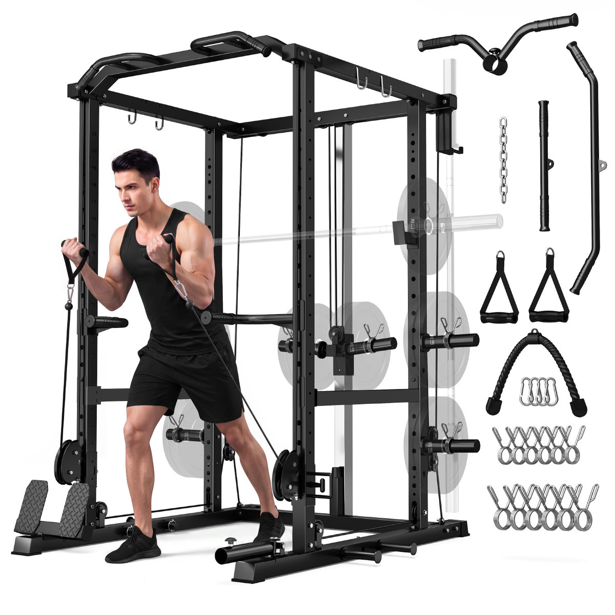 MITONOS Power Cage,2000LB Squat Rack with Cable Crossover System,Multi-Function Weight Cage Strength Training Machine,Home Gym Workout Machine with More Training Attachments