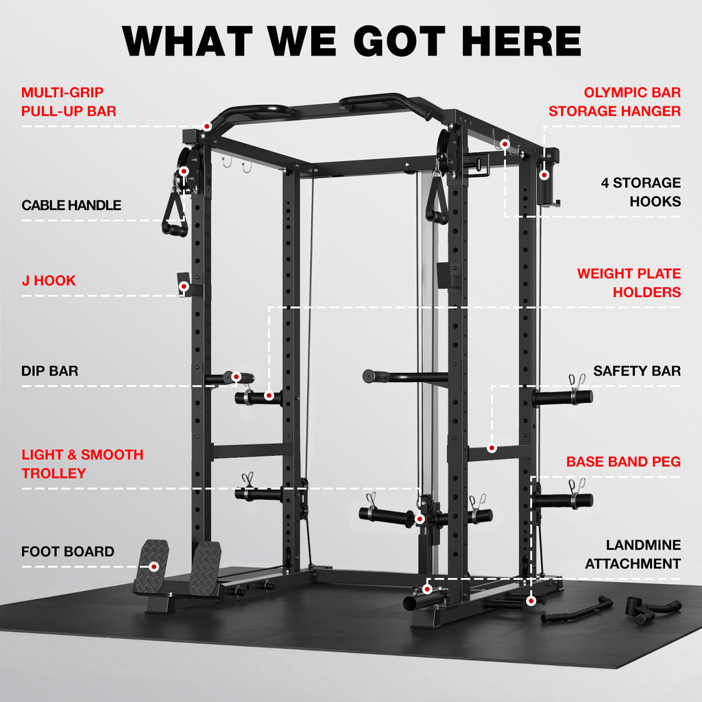 MITONOS Power Cage, 2000LB Squat Rack with Cable Crossover System, Multi-Function Weight Cage, Home Gym Workout Machine with More Training Attachments, BK
