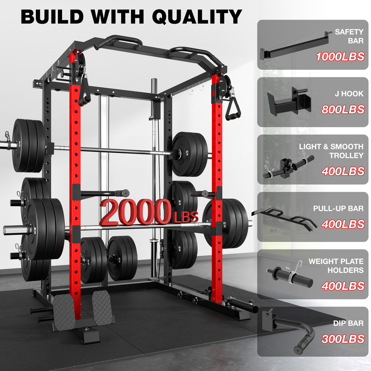 MITONOS Power Cage, 2000LB Squat Rack with Cable Crossover System, Home Gym Workout Machine with More Training Attachments