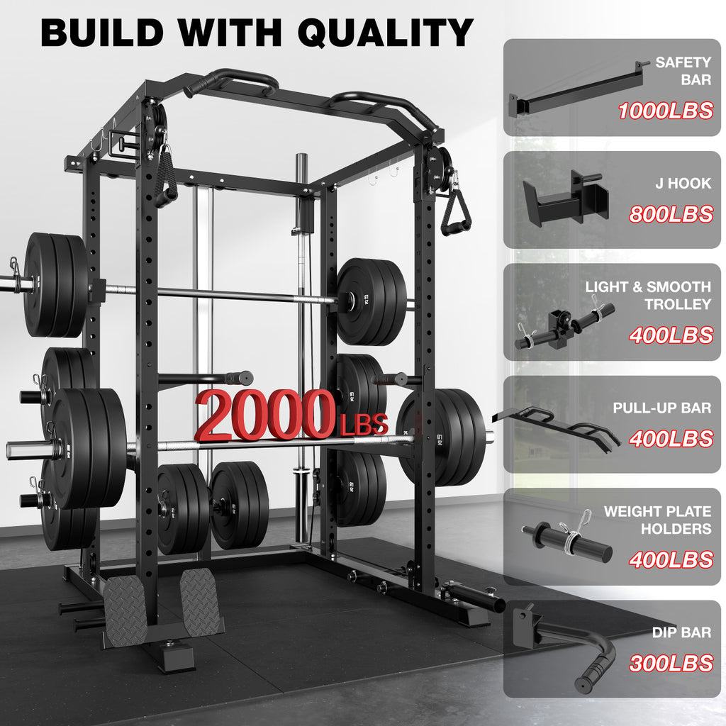 MITONOS Power Cage, 2000LB Squat Rack with Cable Crossover System, Multi-Function Weight Cage, Home Gym Workout Machine with More Training Attachments, BK