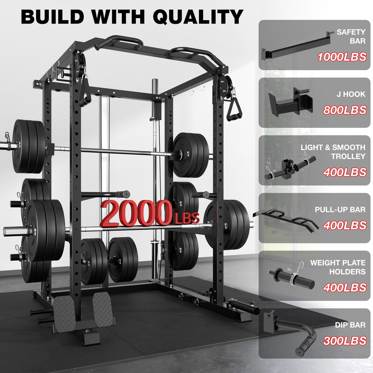 MITONOS Power Cage, 2000LB Squat Rack with Cable Crossover System, Multi-Function Weight Cage, Home Gym Workout Machine with More Training Attachments, BK