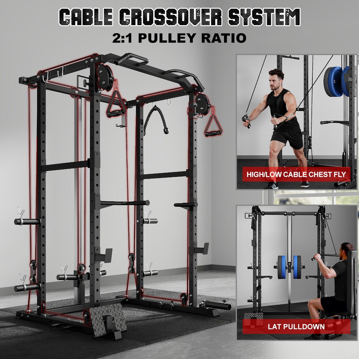 MITONOS Power Cage, 2000LB Squat Rack with Cable Crossover System, Multi-Function Weight Cage, Home Gym Workout Machine with More Training Attachments, BK