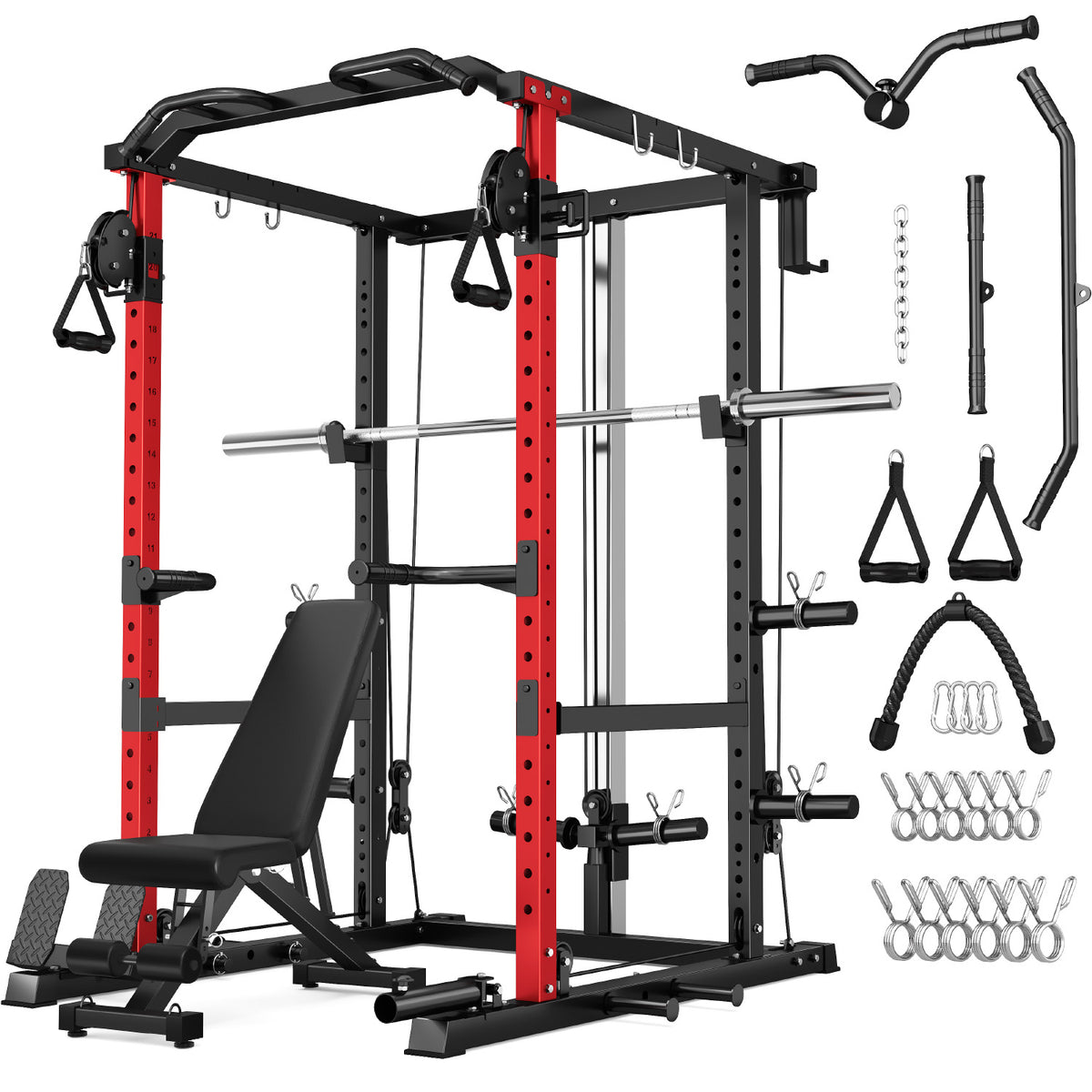 MITONOS Power Cage, 2000LB Squat Rack with Cable Crossover System, Home Gym Workout Machine with More Training Attachments