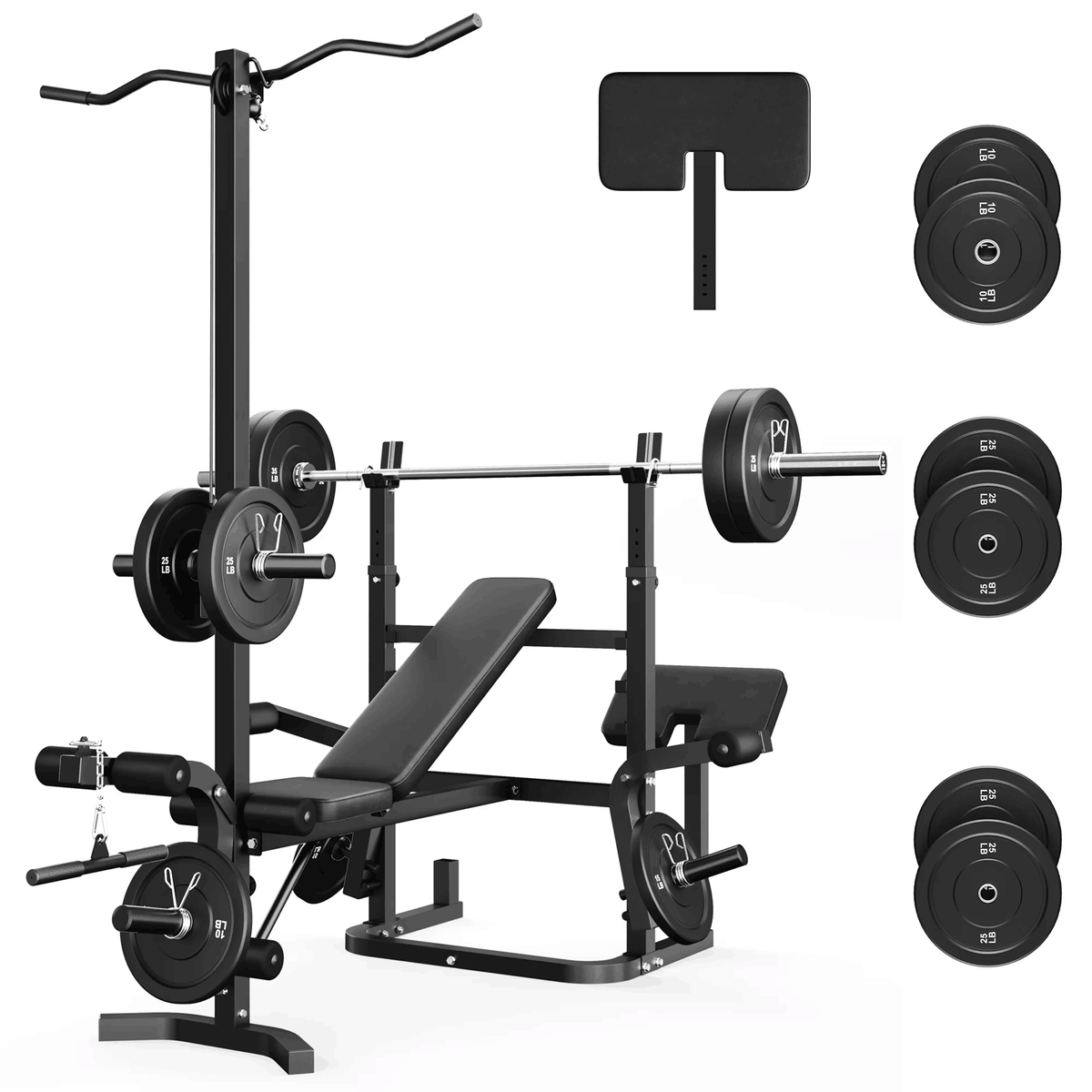 900LBS Olympic Weight Bench,9 in 1 Multifunction Strength Training Bench with Leg Extension,Preacher Curl Pad and LAT Pulldown for Home Gym with Olympic Bar and 120lb Weight Plates,Black