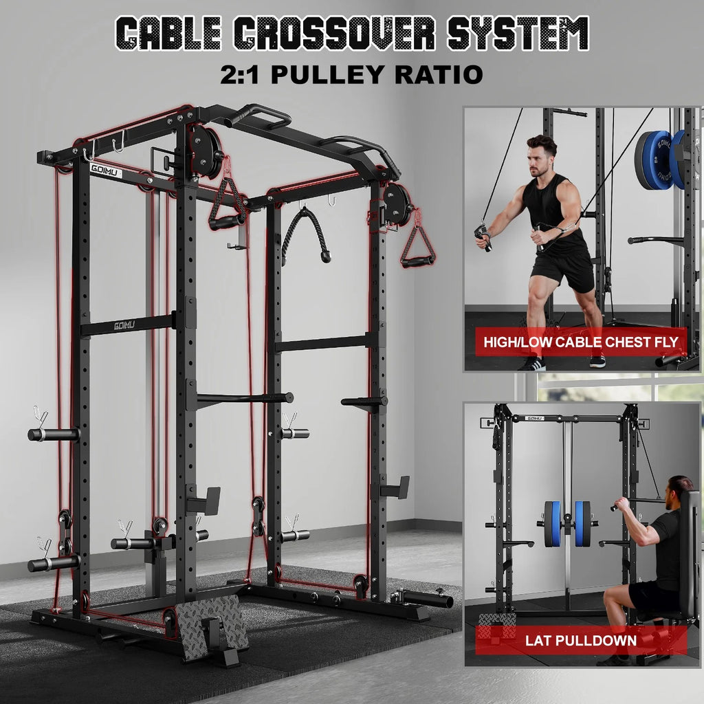 MITONOS Power Cage, 2000LB Squat Rack with Cable Crossover System, Multi-Function Weight Cage, Home Gym Workout Machine with More Training Attachments, BK