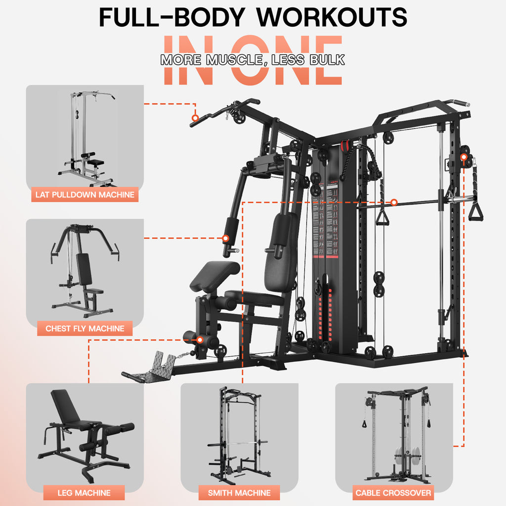 Dual-Station Smith Machine Home Gym, 140LB Weight Stack with LAT Pull-Down & Leg Press, All-in-One Workout Station for Couples & Family Strength Training