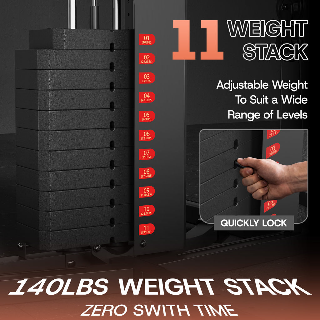 Dual-Station Smith Machine Home Gym, 140LB Weight Stack with LAT Pull-Down & Leg Press, All-in-One Workout Station for Couples & Family Strength Training