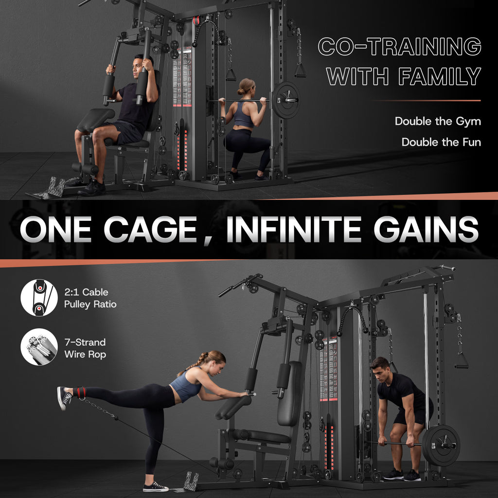 Dual-Station Smith Machine Home Gym, 140LB Weight Stack with LAT Pull-Down & Leg Press, All-in-One Workout Station for Couples & Family Strength Training