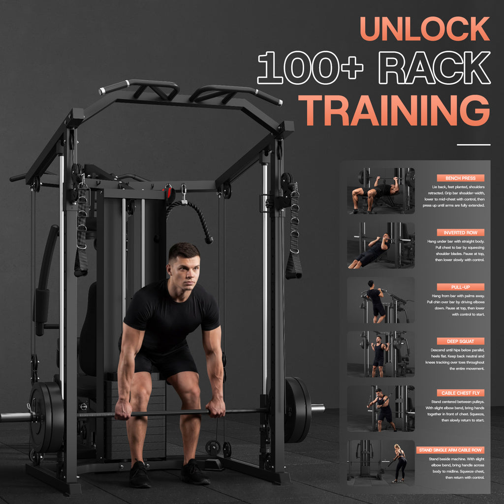 Dual-Station Smith Machine Home Gym, 140LB Weight Stack with LAT Pull-Down & Leg Press, All-in-One Workout Station for Couples & Family Strength Training