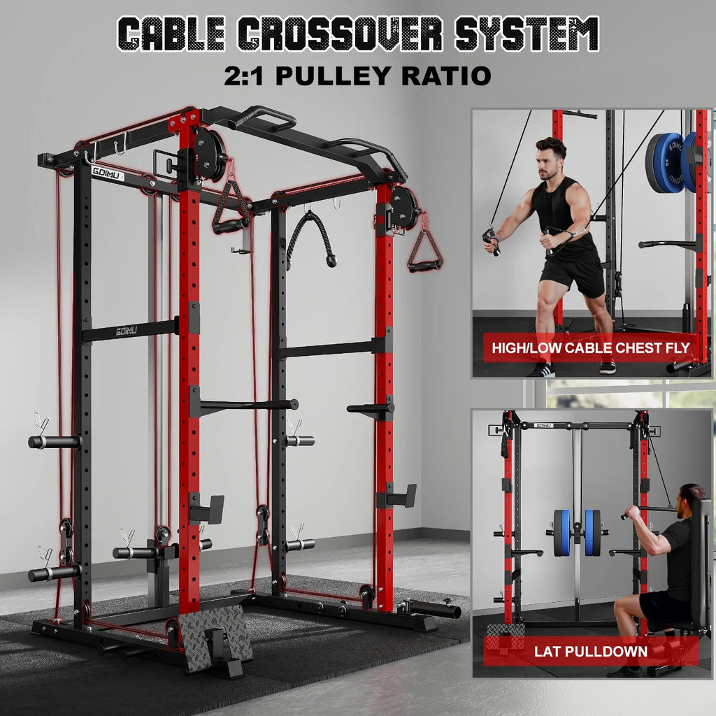 MITONOS Power Cage, 2000LB Squat Rack with Cable Crossover System, Multi-Function Weight Cage, Home Gym Workout Machine with More Training Attachments, RD