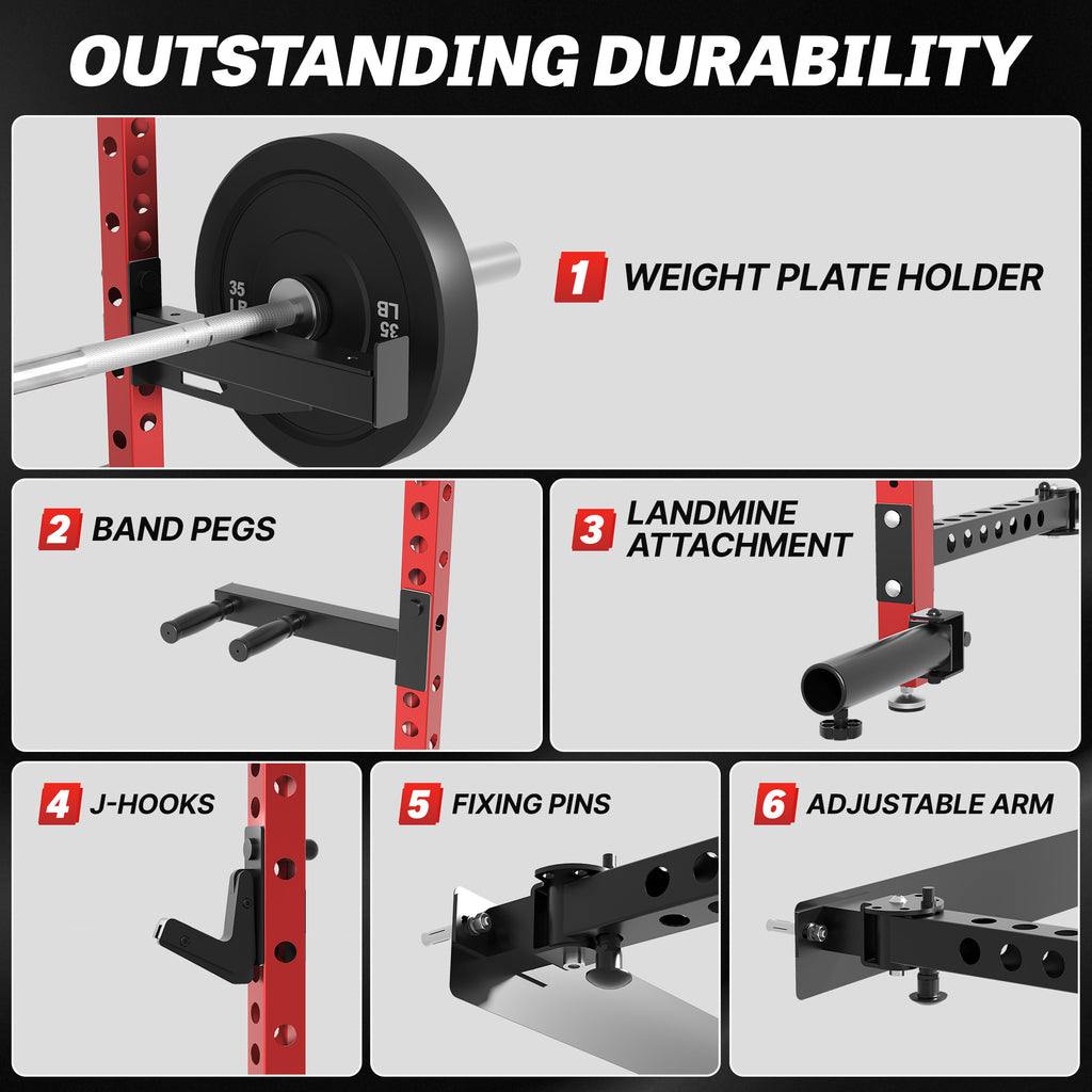MITONOS Wall Mount Foldable Squat Power Rack, Compact 1100 lbs Weight Capacity Home Gym Training Station,Heavy-Duty Steel Space Efficient Workout Frame with Pull-up Bar and 360° Landmine,Red