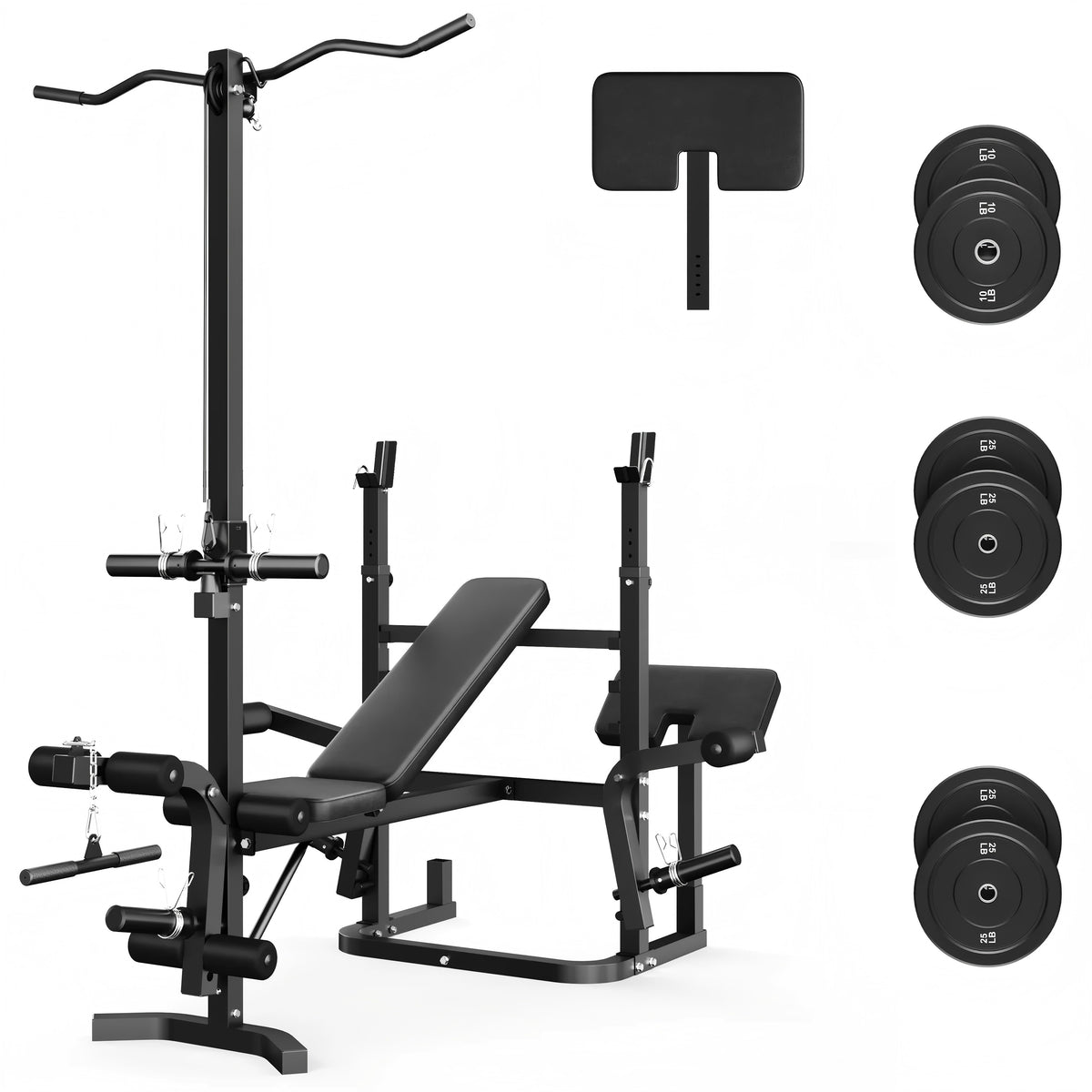900LBS Olympic Weight Bench Set,9 in 1 Multifunction Strength Training Bench with Leg Extension, Preacher Curl Pad and LAT Pulldown for Home Gym (Black and 120lbs Plates)