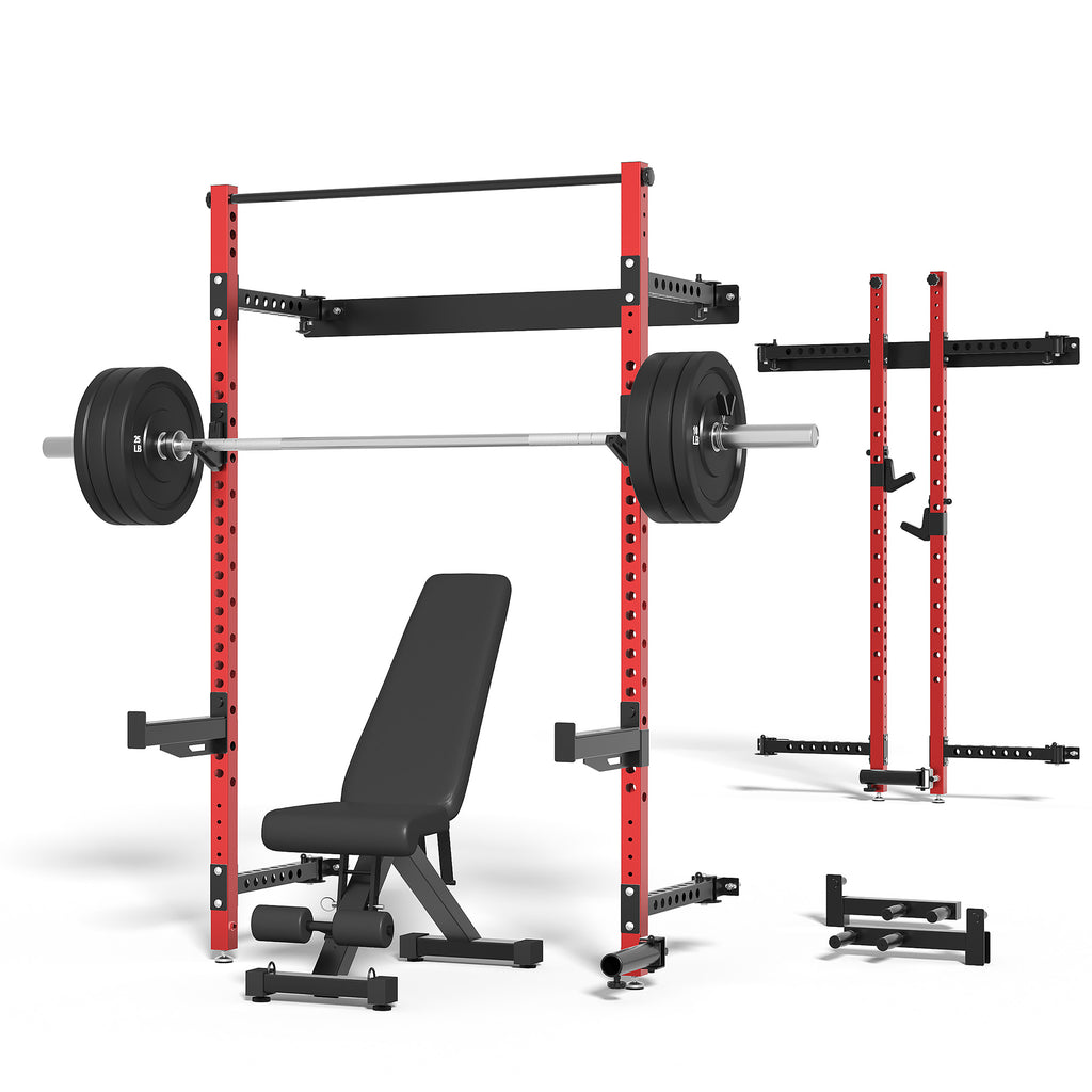 MITONOS Wall Mount Foldable Squat Power Rack, Compact 1100 lbs Weight Capacity Home Gym Training Station,Heavy-Duty Steel Space Efficient Workout Frame with Pull-up Bar and 360° Landmine,Rad
