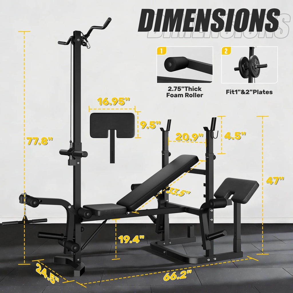 900LBS Olympic Weight Bench,9 in 1 Multifunction Strength Training Bench with Leg Extension,Preacher Curl Pad and LAT Pulldown for Home Gym with Olympic Bar and 120lb Weight Plates,Black