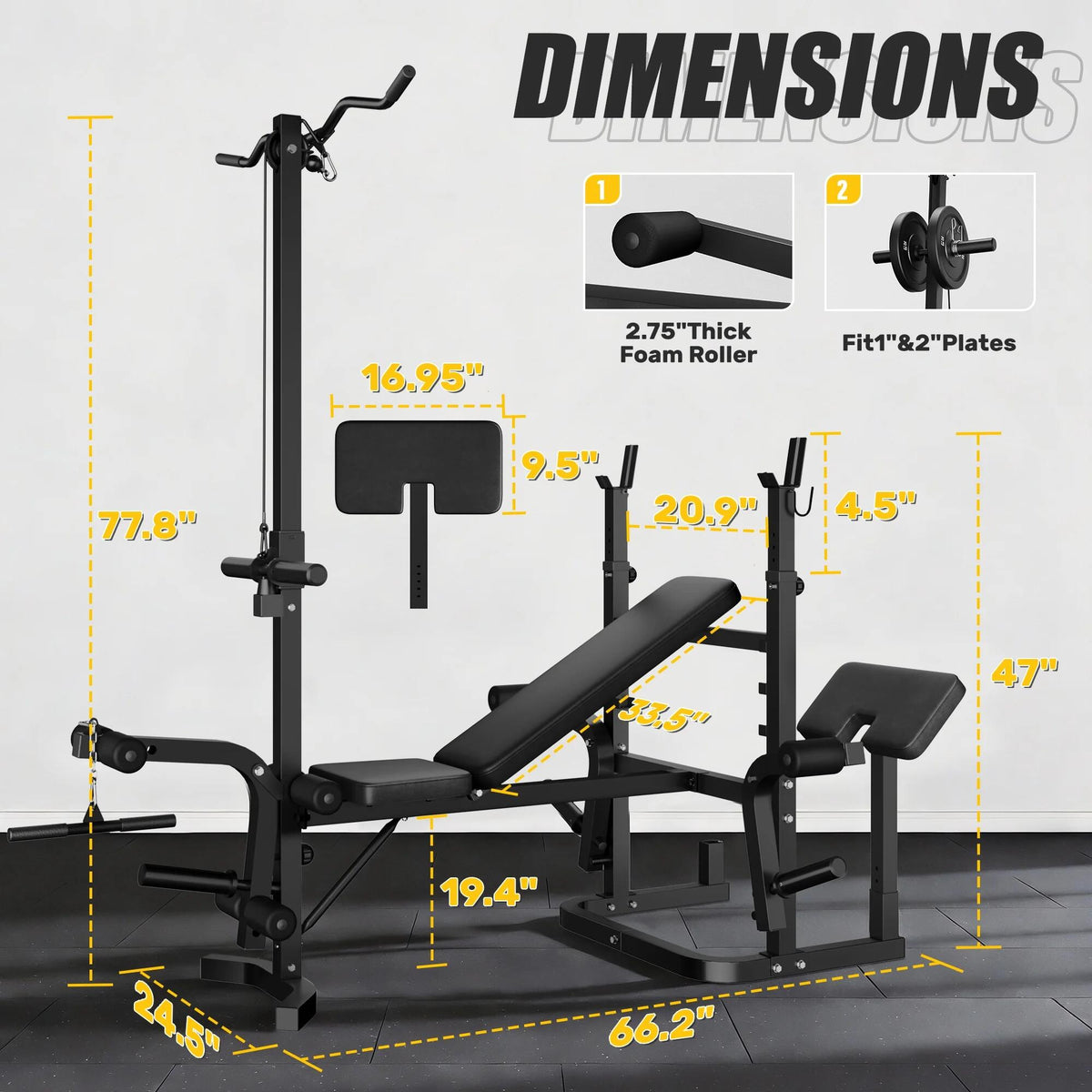 900LBS Olympic Weight Bench,9 in 1 Multifunction Strength Training Bench with Leg Extension,Preacher Curl Pad and LAT Pulldown for Home Gym with Olympic Bar and 120lb Weight Plates,Black