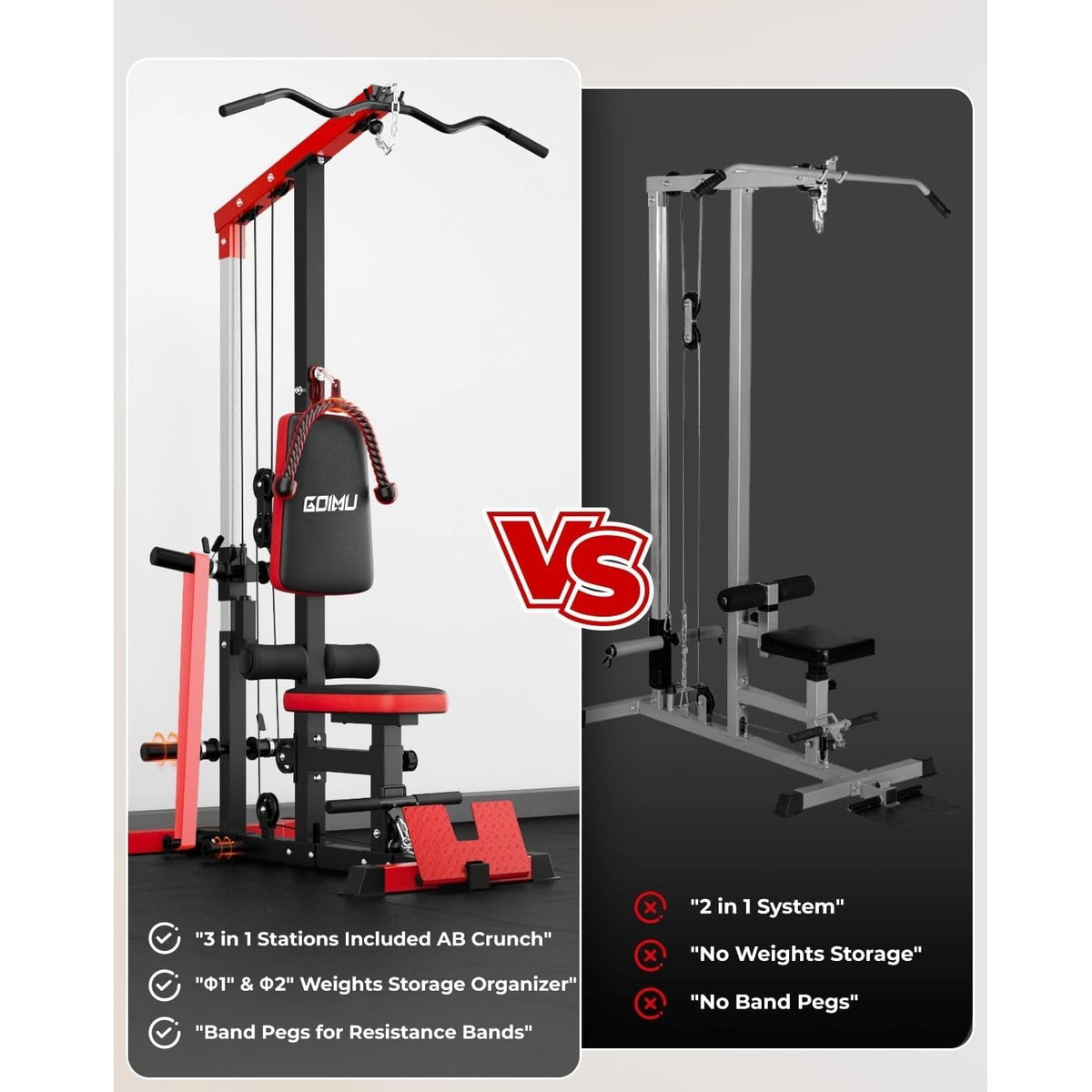 MITONOS 3 in 1 LAT Pulldown Machine,LAT Row Cable Machine with AB Crunch and Cable Row Attachments for Home Gym,High or Low Pulley Stations (Red)