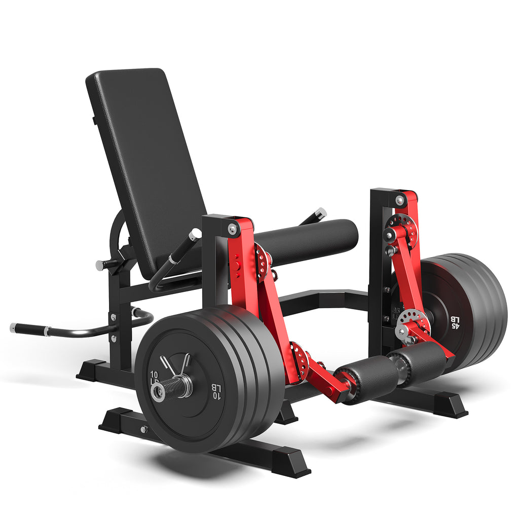 Mitonos Dual Independent Leg Machine Adjustable Unilateral Lower Body Training Equipment Plate Loaded Leg Extension and Leg Curl Machine for Home Gym, Red with 190LBS Black Weight Plates Set