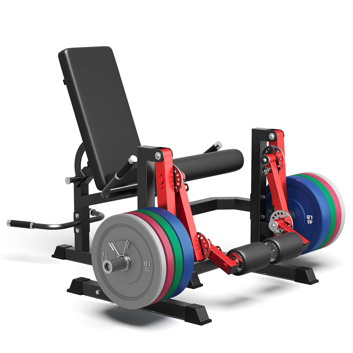 Mitonos Dual Independent Leg Machine Adjustable Unilateral Lower Body Training Equipment Plate Loaded Leg Extension and Leg Curl Machine for Home Gym,Red with 190LBS Colorful Weight Plates Set