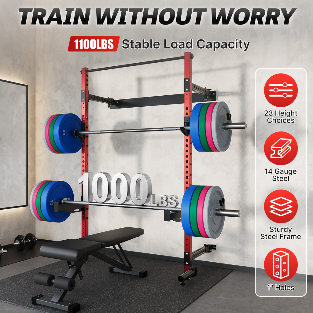 MITONOS Wall Mount Foldable Squat Power Rack, Compact 1100 lbs Weight Capacity Home Gym Training Station,Heavy-Duty Steel Space Efficient Workout Frame with Pull-up Bar and 360° Landmine,Red