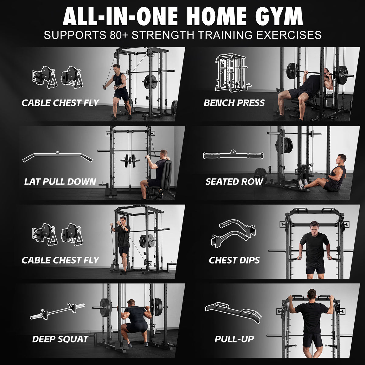 Mitonos Multi-Function Smith Power Cage, 2000 LBS Heavy Duty Squat Rack with Dual Cable Crossover System, All-in-One Home Gym Strength Training Frame with Fitness Accessories
