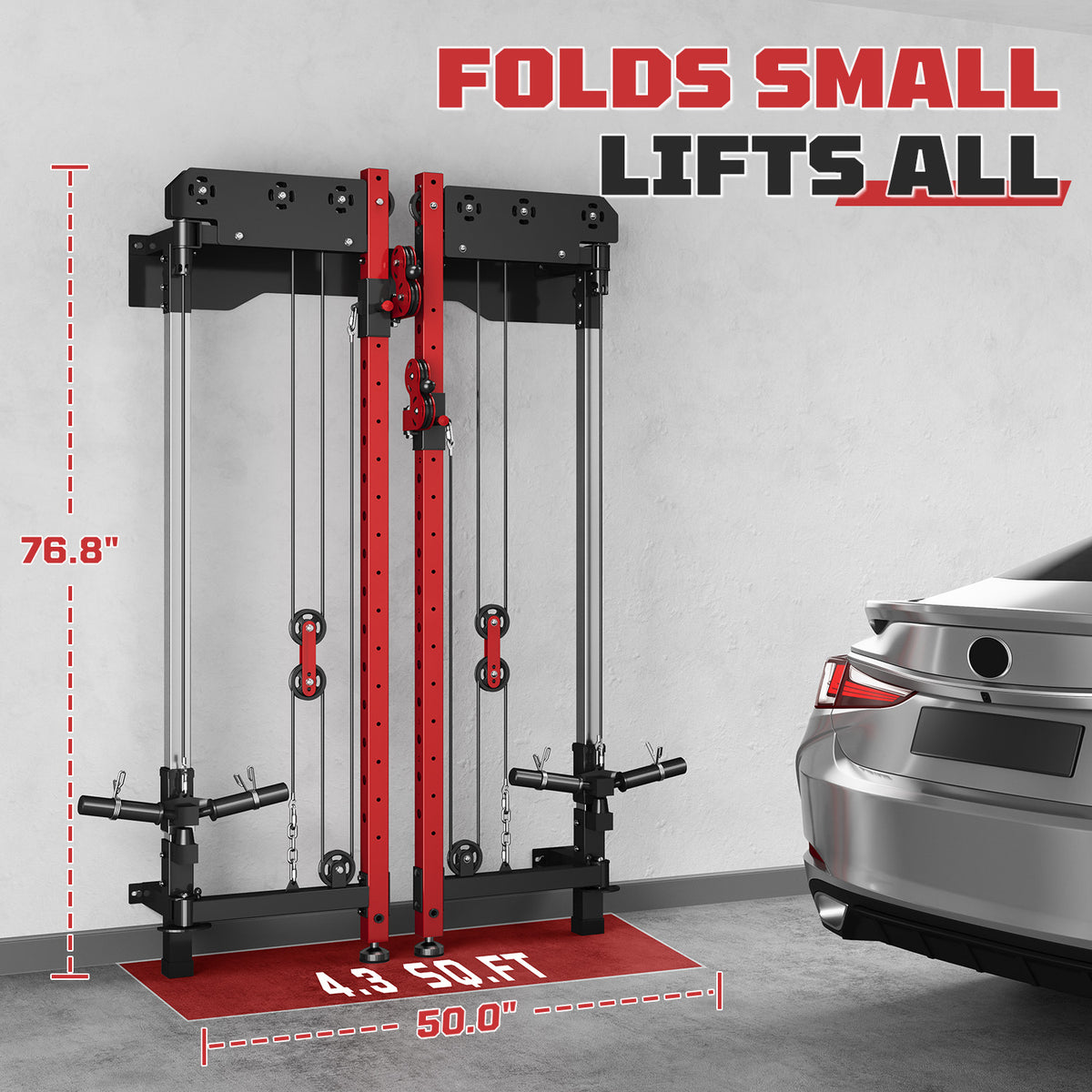 MITONOS Wall Mounted Folding Squat Rack,1200 LBS Power Rack with Dual Independent Pulley System, 5 Adjustable Modes, Functional Trainer for Space Saving Home Gym,Red