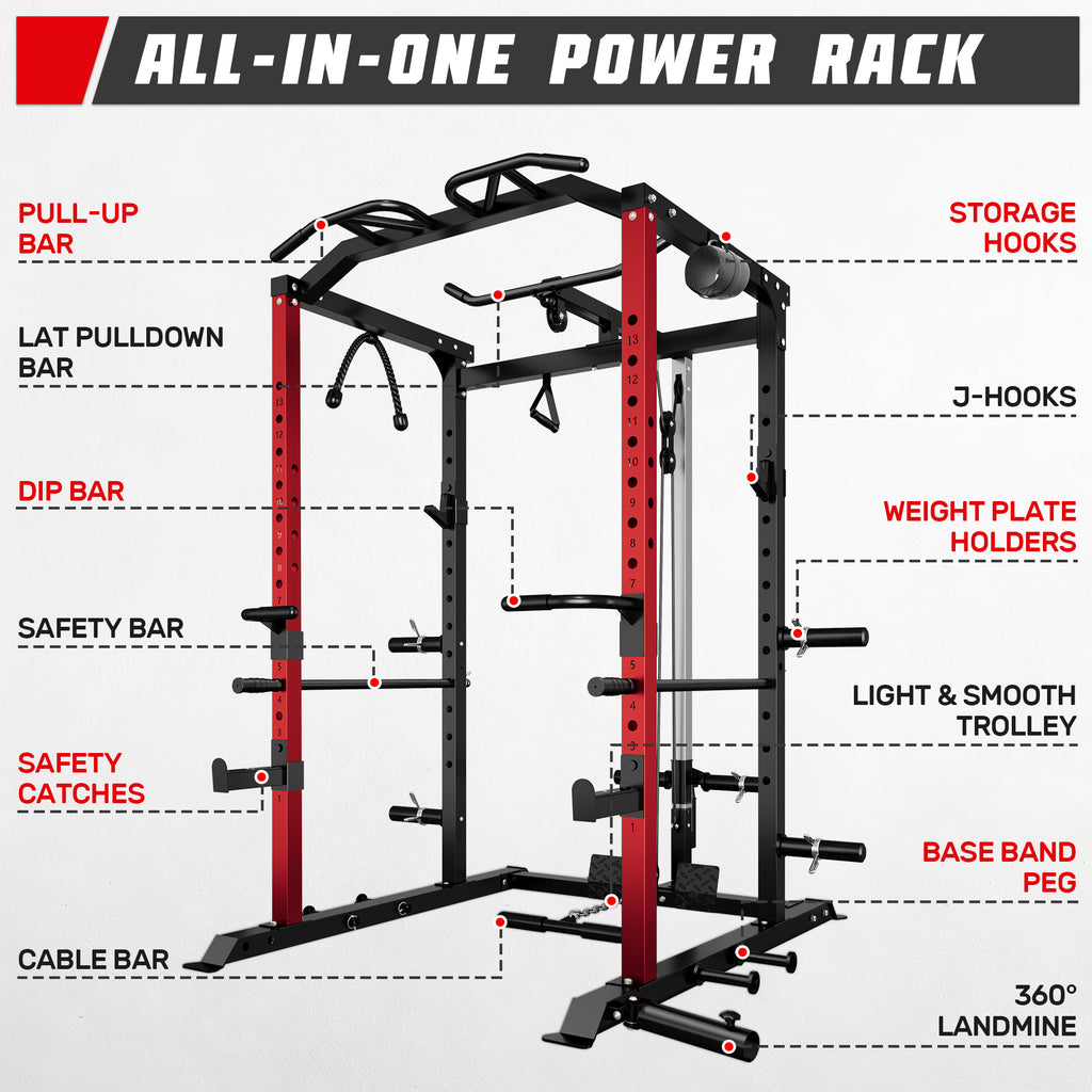 Power Rack Power Cage with LAT Pulldown Attachment and Pull Up Bar,2000LBS Squat Rack for Home Gym