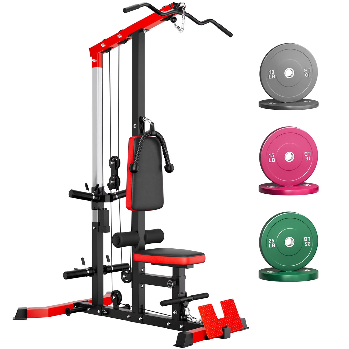 MITONOS 3 in 1 LAT Pulldown Machine,LAT Row Cable Machine with AB Crunch and Cable Row Attachments for Home Gym,High or Low Pulley Stations with Weight Plates (Red)