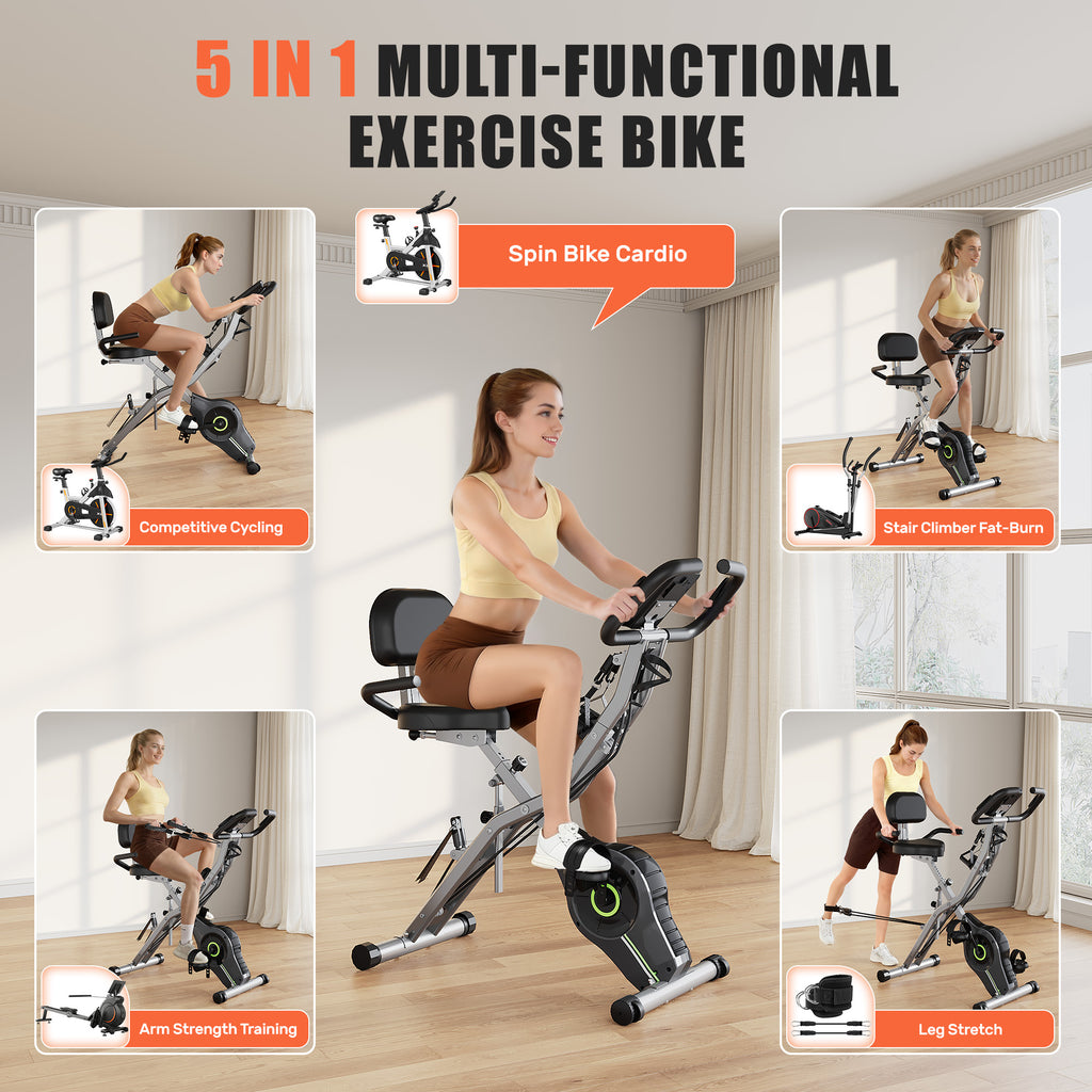 MITONOS Exercise Bike for Home,5 in 1 Foldable Stationary Bike for Seniors,16 Level Adjustable Magentic Resistance,Women Recumbent Bike with 330LB Capacity,Indoor Cardio Workout Bike with Backrest