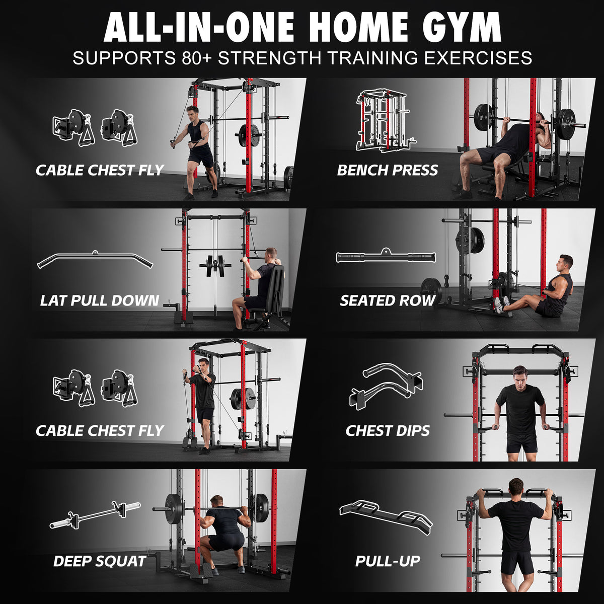 Mitonos Multi-Function Smith Power Cage, 2000 LBS Heavy Duty Squat Rack with Dual Cable Crossover System, All-in-One Home Gym Strength Training Frame with Fitness Accessories