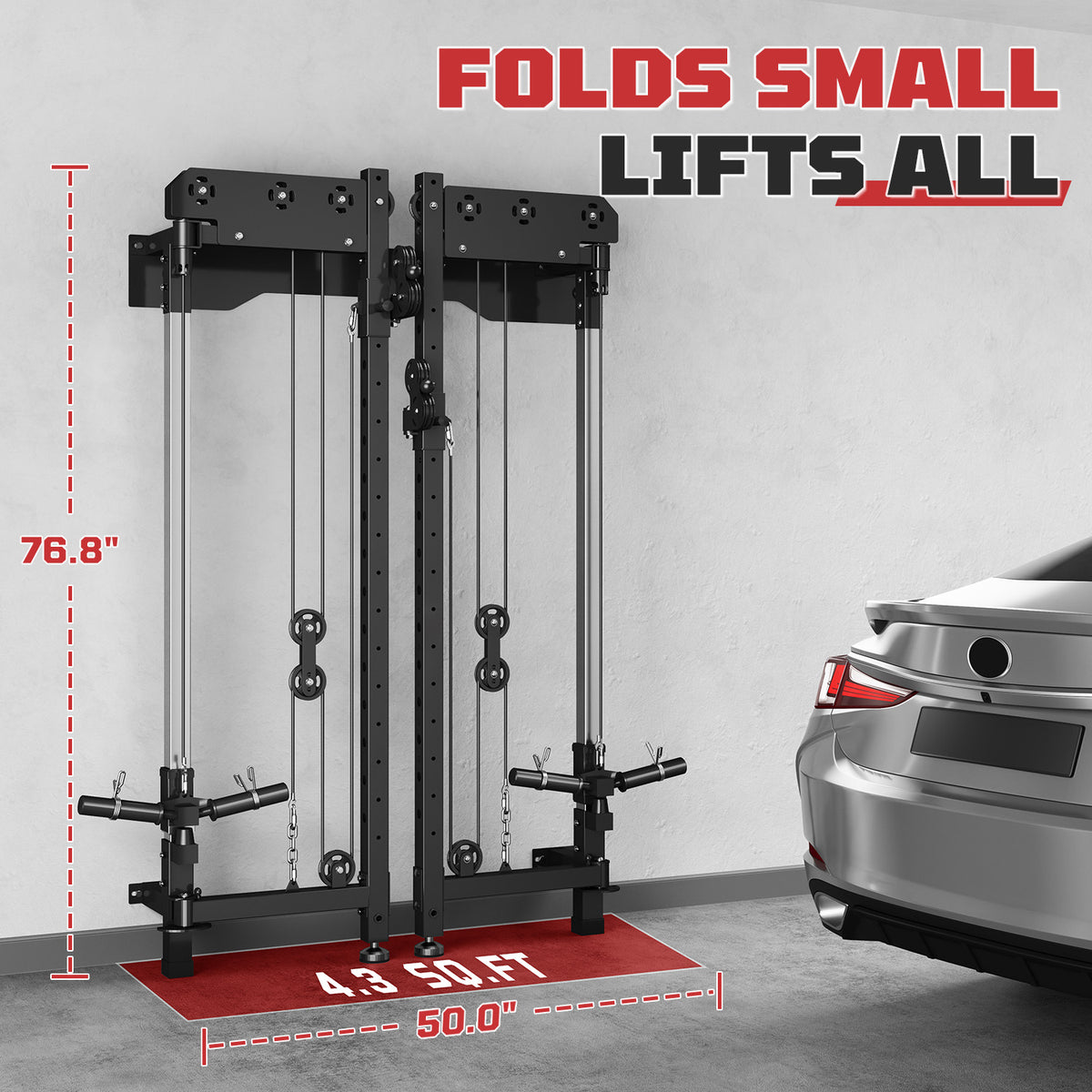 MITONOS Wall Mounted Folding Squat Rack,1200 lbs Power Rack with Dual Independent Pulley System, Functional Trainer for Space Saving Home Gym with 1000 lb Weight Bench