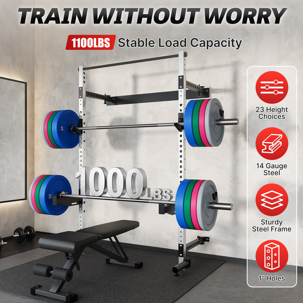 MITONOS Wall Mount Foldable Squat Power Rack, Compact 1100 lbs Weight Capacity Home Gym Training Station,Heavy-Duty Steel Space Efficient Workout Frame with Pull-up Bar and 360° Landmine