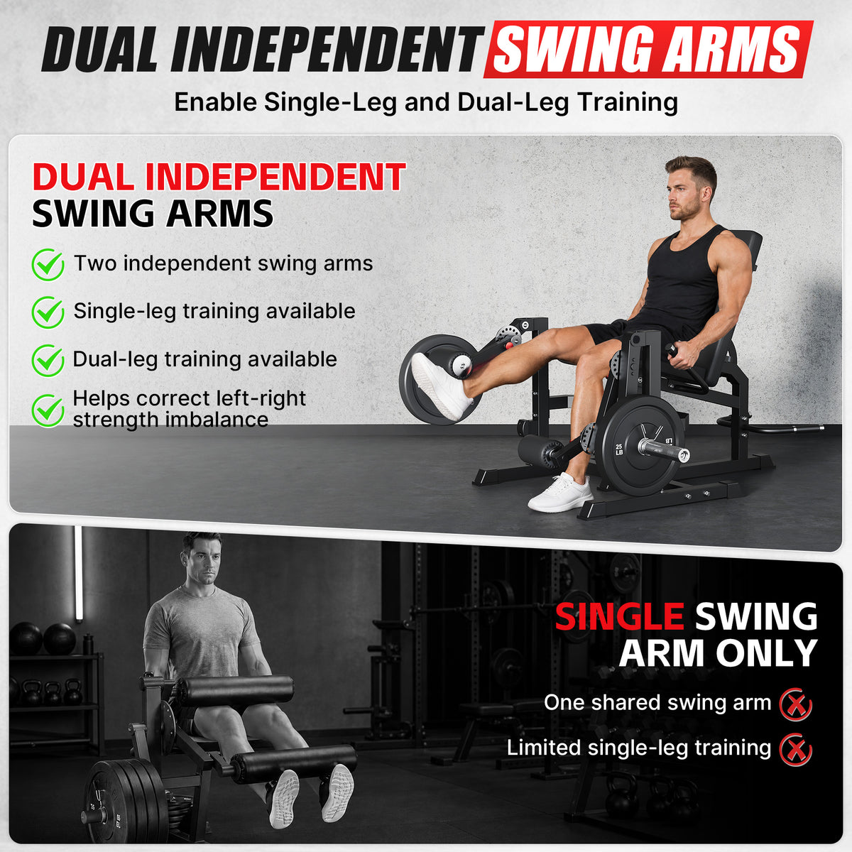 Mitonos Dual Independent Leg Machine Adjustable Unilateral Lower Body Training Equipment Plate Loaded Leg Extension and Leg Curl Machine for Home Gym,Black