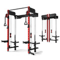 MITONOS Wall Mounted Folding Squat Rack,1200 LBS Power Rack with Dual Independent Pulley System, 5 Adjustable Modes, Functional Trainer for Space Saving Home Gym,Red