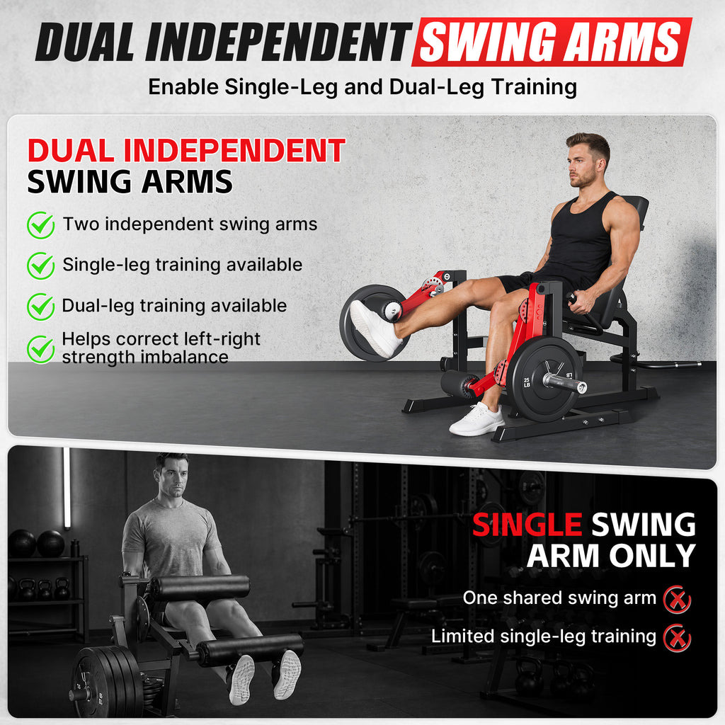 Mitonos Dual Independent Leg Machine Adjustable Unilateral Lower Body Training Equipment Plate Loaded Leg Extension and Leg Curl Machine for Home Gym, Red with 70LBS Black Weight Plates Set