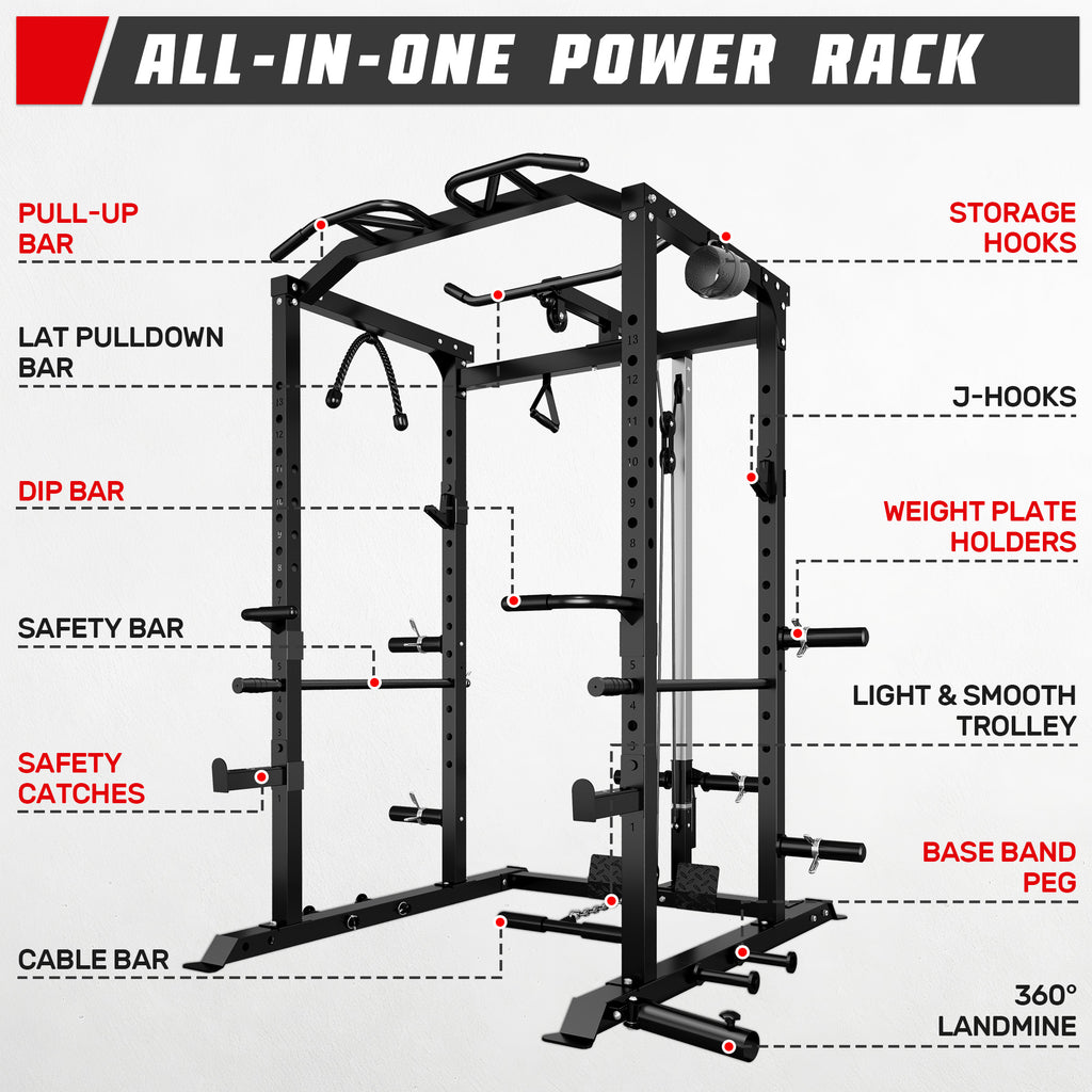MITONOS 2000LBS Power Cage, Multi‑Function Squat Power Rack with LAT Pulldown, Pull‑Up Bar & Cable Pulley System for Home Gym