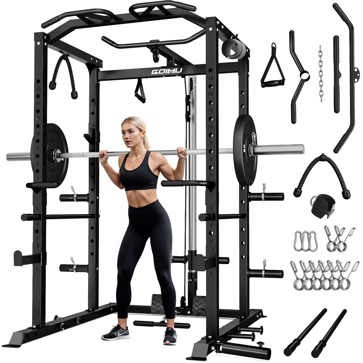 MITONOS Power Cage, 2000LBS Squat Rack with LAT Pulldown, Multi-Function Power Rack Strength Training Machine, Weight Lifting Equipment with More Attachments for Home Gym Garage , BK