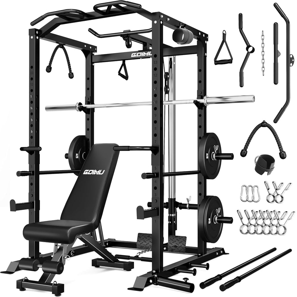 Power Cage, 2000LBS Squat Rack with LAT Pulldown, Multi-Function Weight Cage Strength Training Machine, Workout Cage with More Attachments for Home Gym Garage