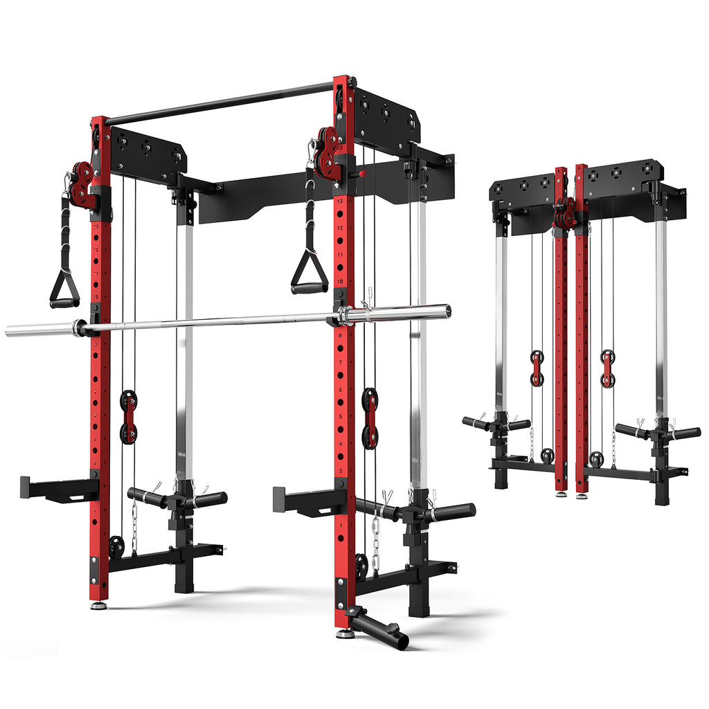 Wall Mounted Folding Squat Rack,1200 LBS Power Rack with Dual Independent Pulley System, 5 Adjustable Modes, Functional Trainer for Space Saving Home Gym with 1000 LB Barbell ,Red