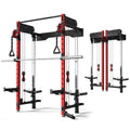 Wall Mounted Folding Squat Rack,1200 LBS Power Rack with Dual Independent Pulley System, 5 Adjustable Modes, Functional Trainer for Space Saving Home Gym with 1000 LB Barbell ,Red