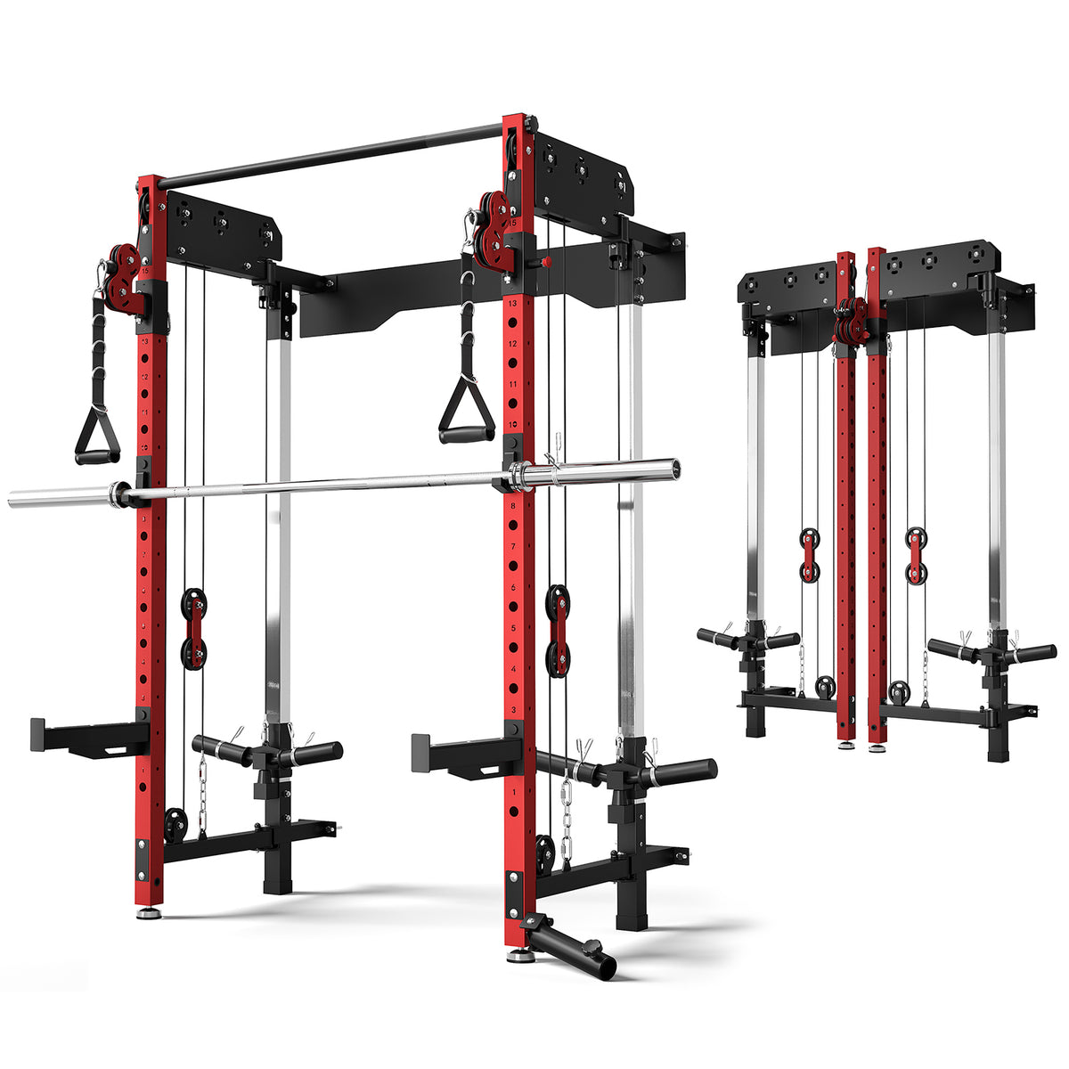 Wall Mounted Folding Squat Rack,1200 LBS Power Rack with Dual Independent Pulley System, 5 Adjustable Modes, Functional Trainer for Space Saving Home Gym with 1000 LB Barbell ,Red