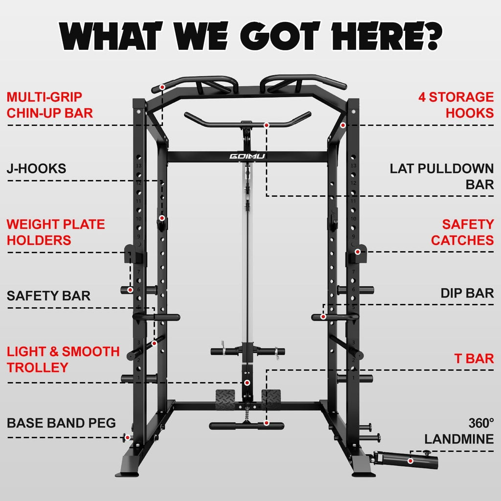 Power Cage, 2000LBS Squat Rack with LAT Pulldown, Multi-Function Weight Cage Strength Training Machine, Workout Cage with More Attachments for Home Gym Garage